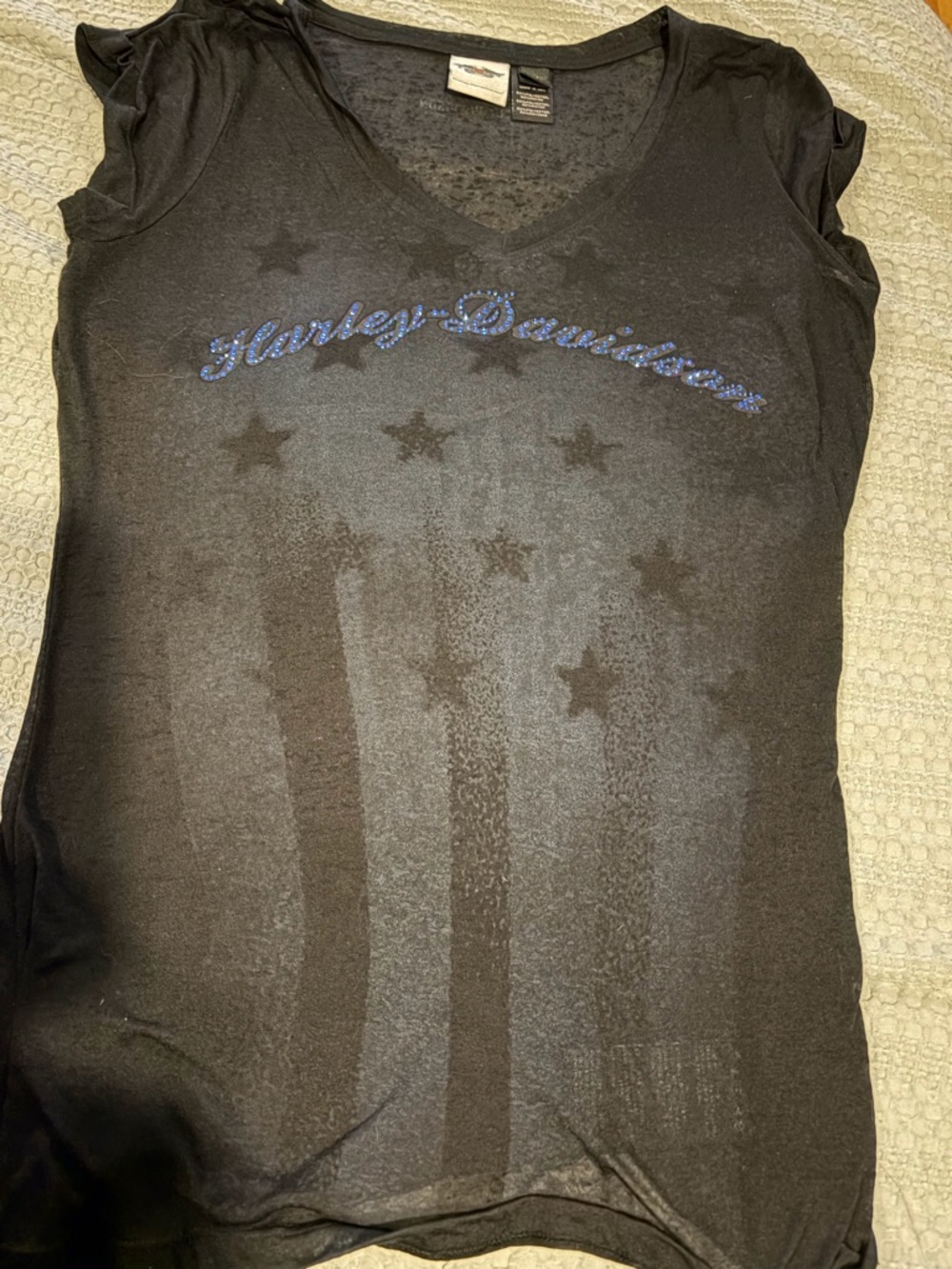 Harley-Davidson Black Tee with Blue Rhinestone Script